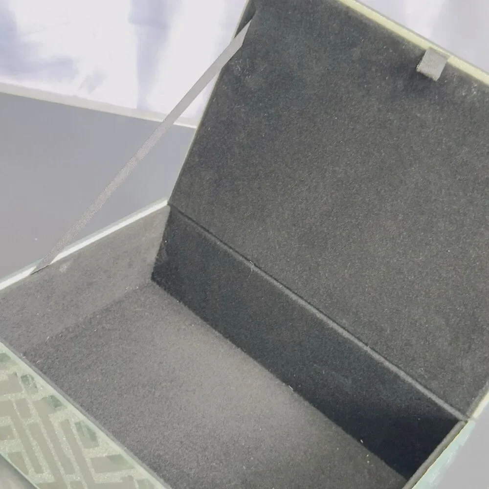 Jewelry Box Storehouse Mirrored Glass Design Trinket Black Velvet Lining Ribbon